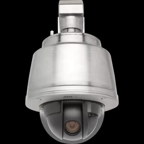 AXIS Q6045-S from AXIS COMMUNICATIONS - Mk II PTZ is an IP camera in stainless steel with HDTV 1080p. The camera is viewed from its front.
